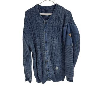 VTG BLUE WILLI'S Cable Knit Sweater Cardigan Mens M Blue Indigo Cotton Denim -NL